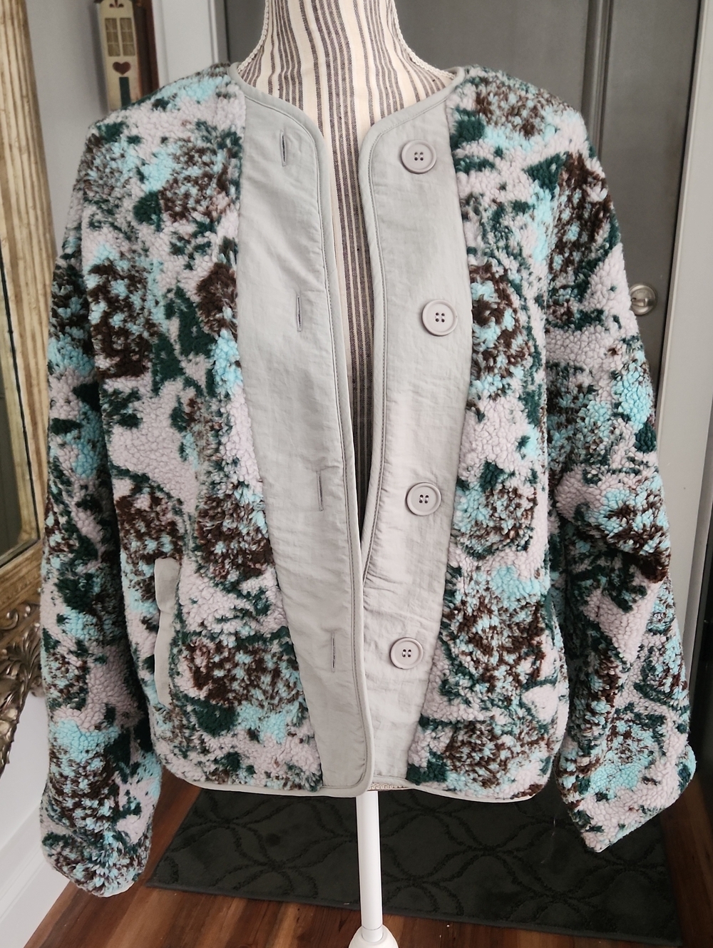 Cozy Sherpa Button-Front Jacket in Gray, Light Teal & Brown